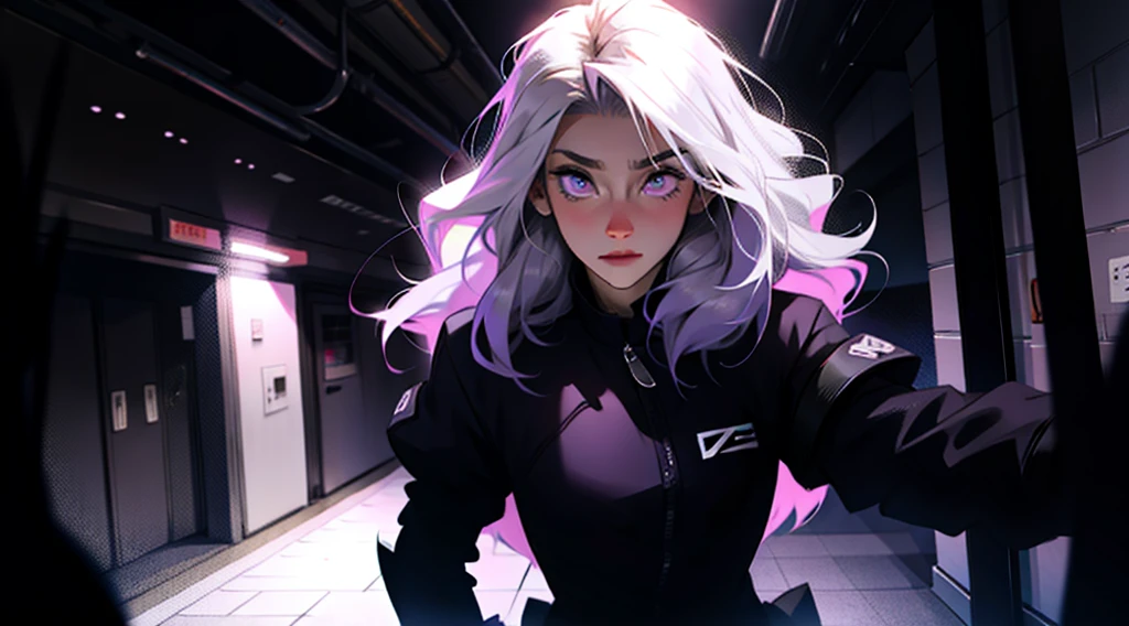 silver haired woman with purple eyes in a dark underground city