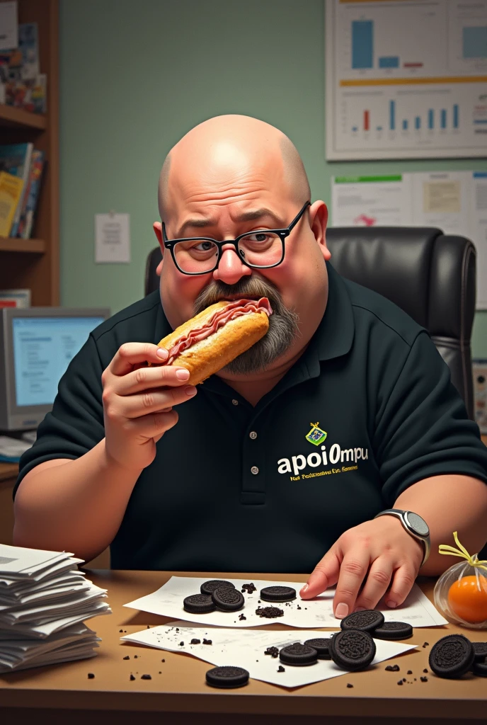 white male, 40 year old, baldie, completely smooth face, no fur, bochechas grandes, Scrawny, but very pot-bellied, wearing light glasses and eating baguette with lots of ham. Sitting behind a somewhat cluttered desk with a computer, stacks of papers, crumbs and lots of Oreo cookies. Wearing a black shirt with the following phrase: APOI0 MPU, coat of arms of the federative republic of brazil on the shirt, besides a bag of tangerines on the table.