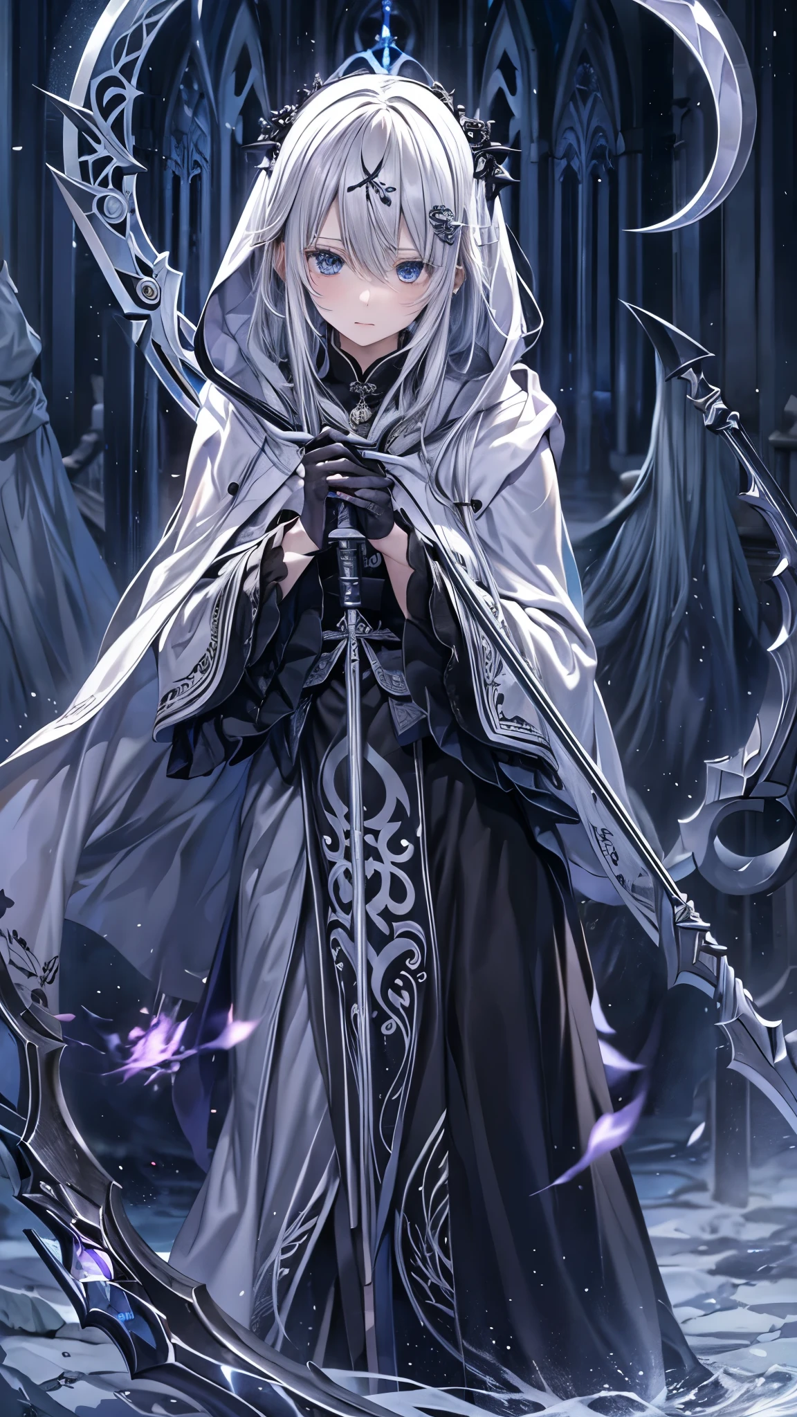 woman、beautiful、Silver Hair、薄紫色のdark瞳、Black embroidered hood、Embroidered and decorated robes、What size is the person standing there holding a scythe in his hand?、Ice Magic、cathedral、night、dark、Elfriede