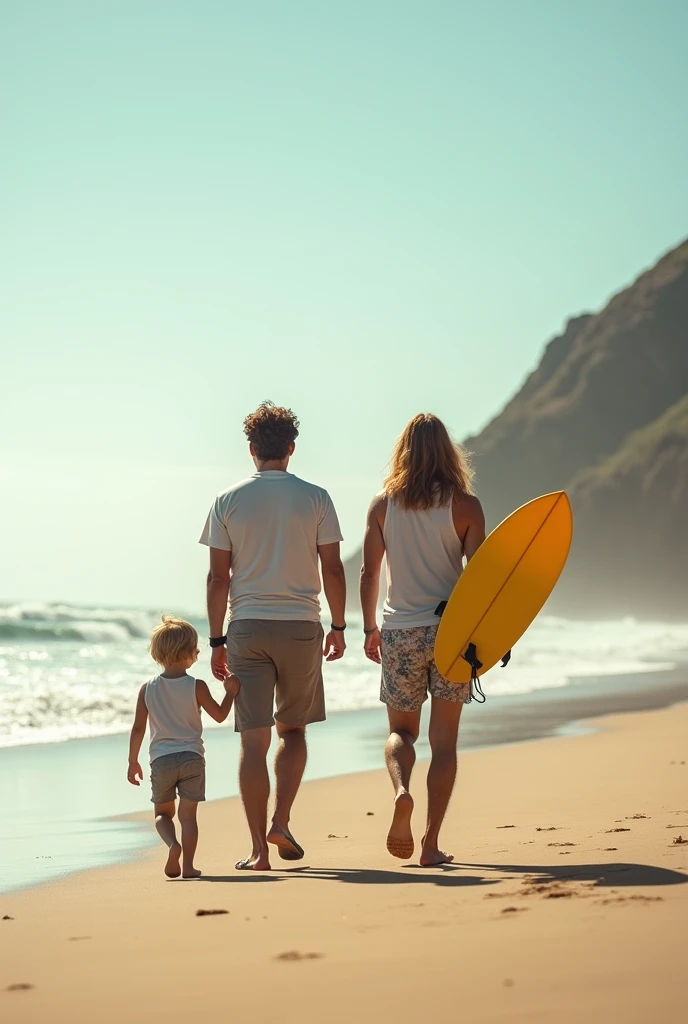 A scene with low saturation photography on Ferradura beach in Armação de Búzios, on a sunny afternoon. Three people are walking on the sand: a 3 man with 1,80m de altura, chestnut hair, wearing shorts and a shirt, with a common body; Beside him, A 3 man, 1,76m high, a little less thin, com chestnut hair e liso, walking next to a  child, who is 1 meter tall and has slightly lighter hair. The younger man carries a yellow surfboard. Everyone is heading to the horizon