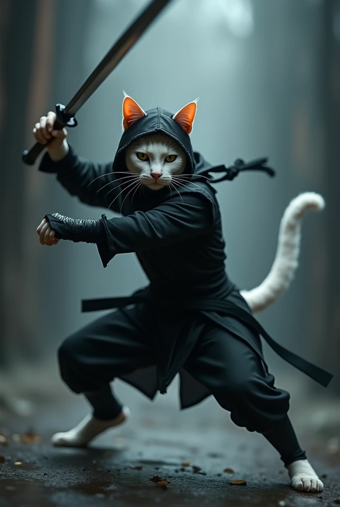 A male white cat dressed in black  ninja dress dodging  attack on head