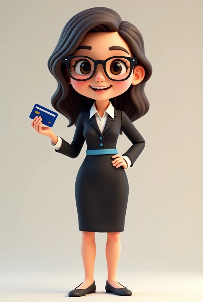 A full body 3D cartoon character. She has a friendly and charismatic appearance. The character is a young woman with fair skin, loose dark brown hair, thick eyebrows, large brown eyes and wears glasses. She is smiling confidently. The character is dressed formally, wearing a black dress with a blue sash at the waist. She is holding a credit card in her hand. Your posture and relaxed posture suggest confidence and ease. The background of the image is neutral, which highlights the character even more.