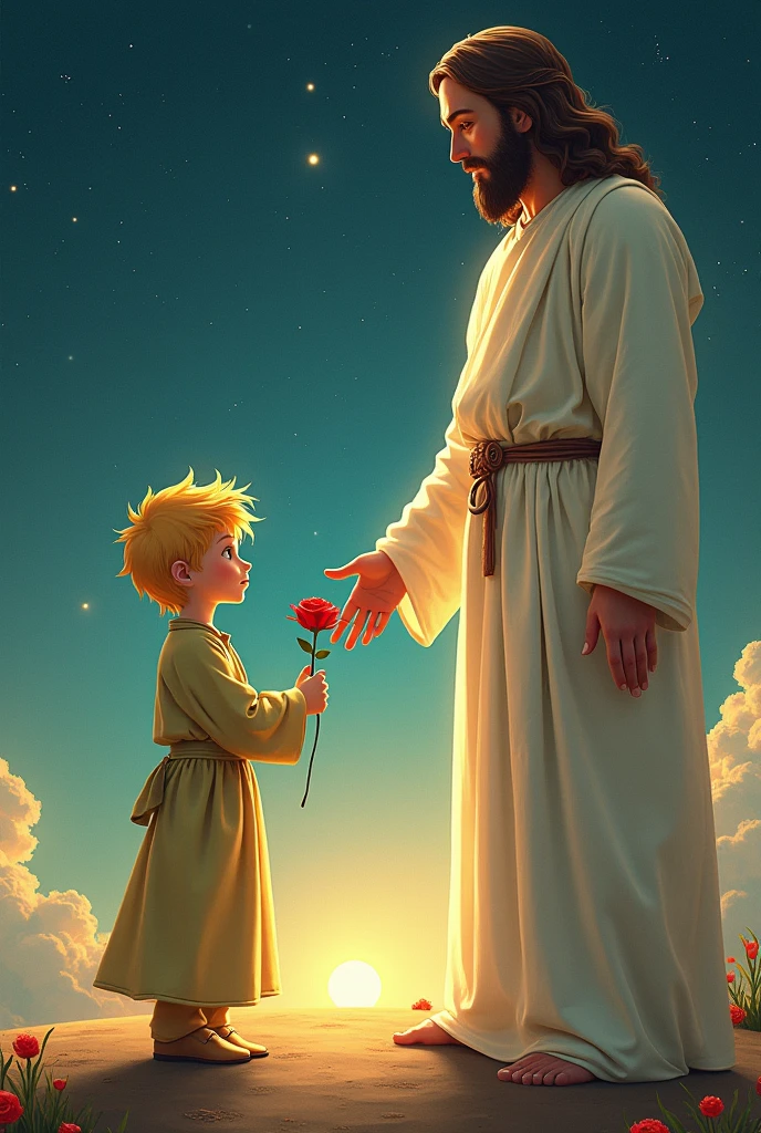 Little prince and in his hand he carries a red rose. He is going to meet Jesus. They are on a small planet