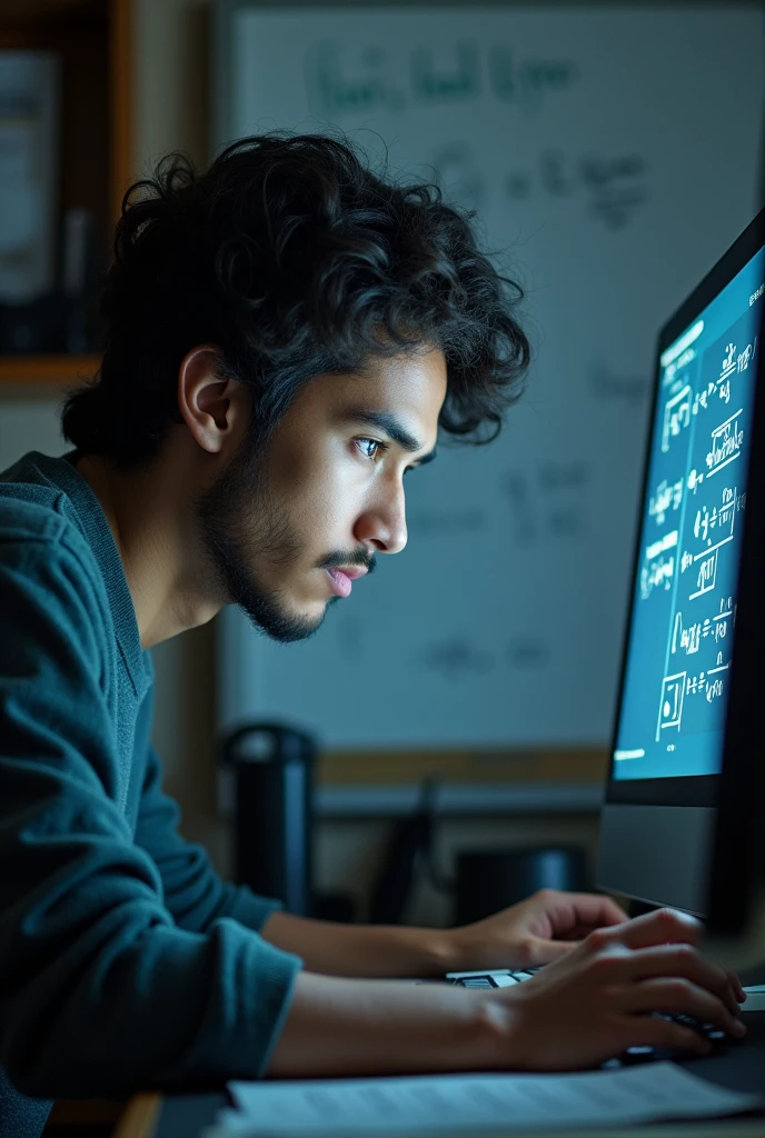 A PhD student in mathematics working on oscillatory integrals on a computer face with a whiteboard in the background that says 'MONDESIR N’GUESSAN That see very well