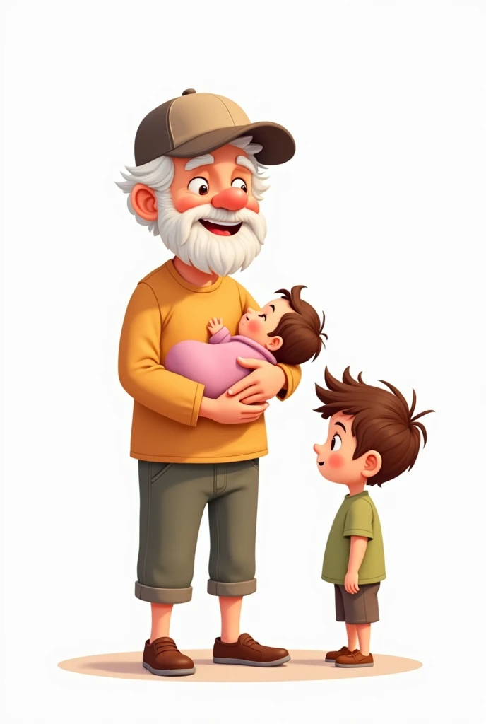 CARTOON OF YOUNG GRANDFATHER IN CAP WITH GRANDSON IN ADVANCE AND NEWBORN GRANDDAUGHTER IN PINK DRESS ON A WHITE BACKGROUND