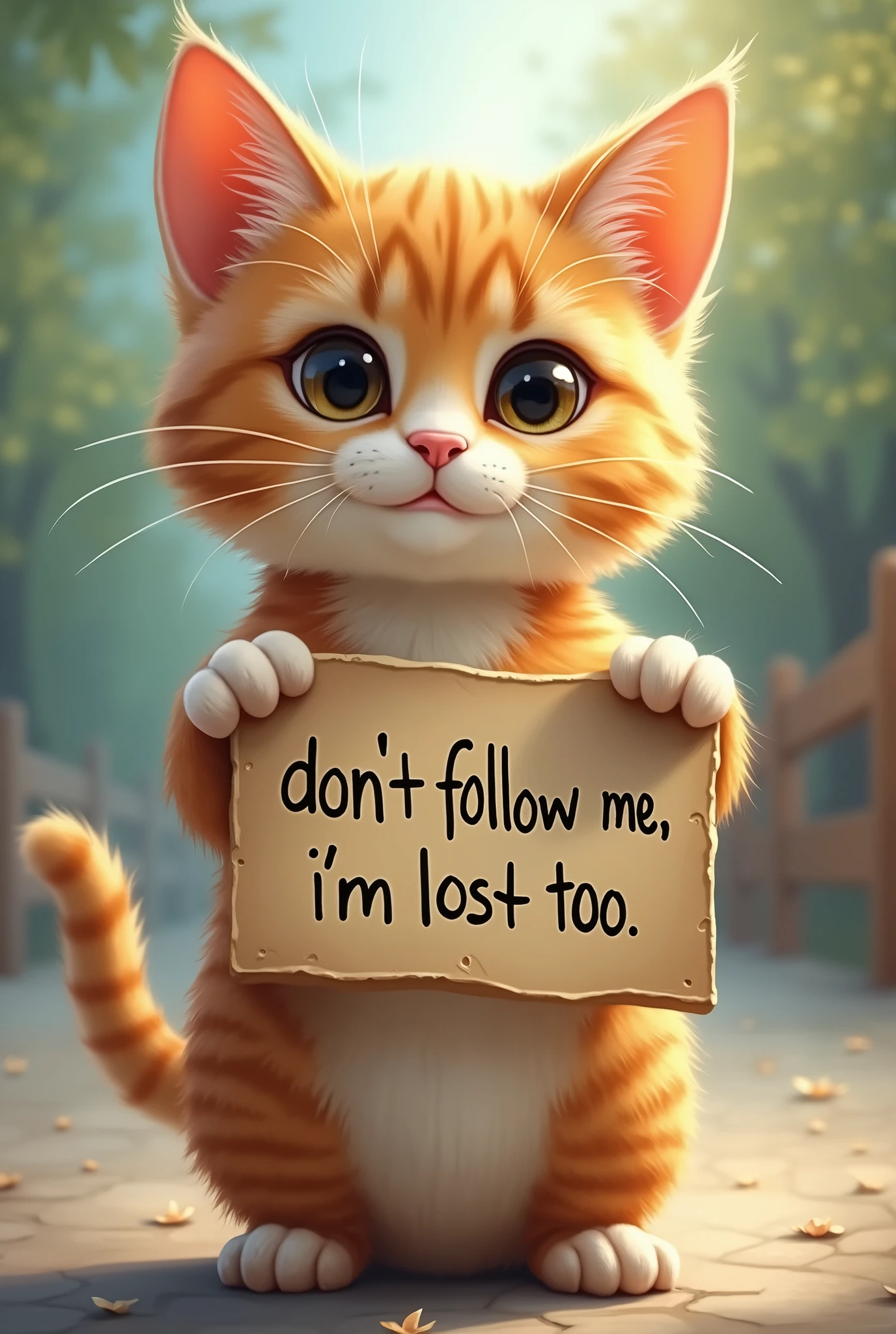 A cat holds a sign that reads "Dont Follow Me, I'm Lost Too"