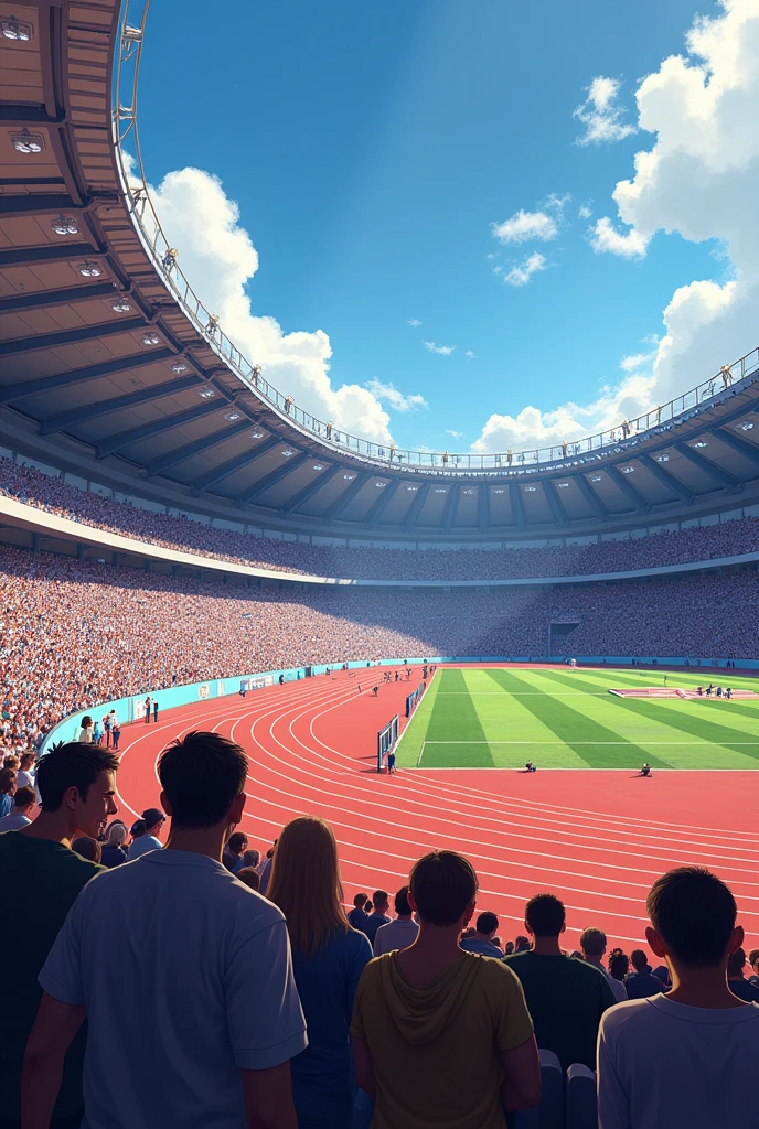 an athletics track grandstand, people cheering, I want both sides of the stands, without the top