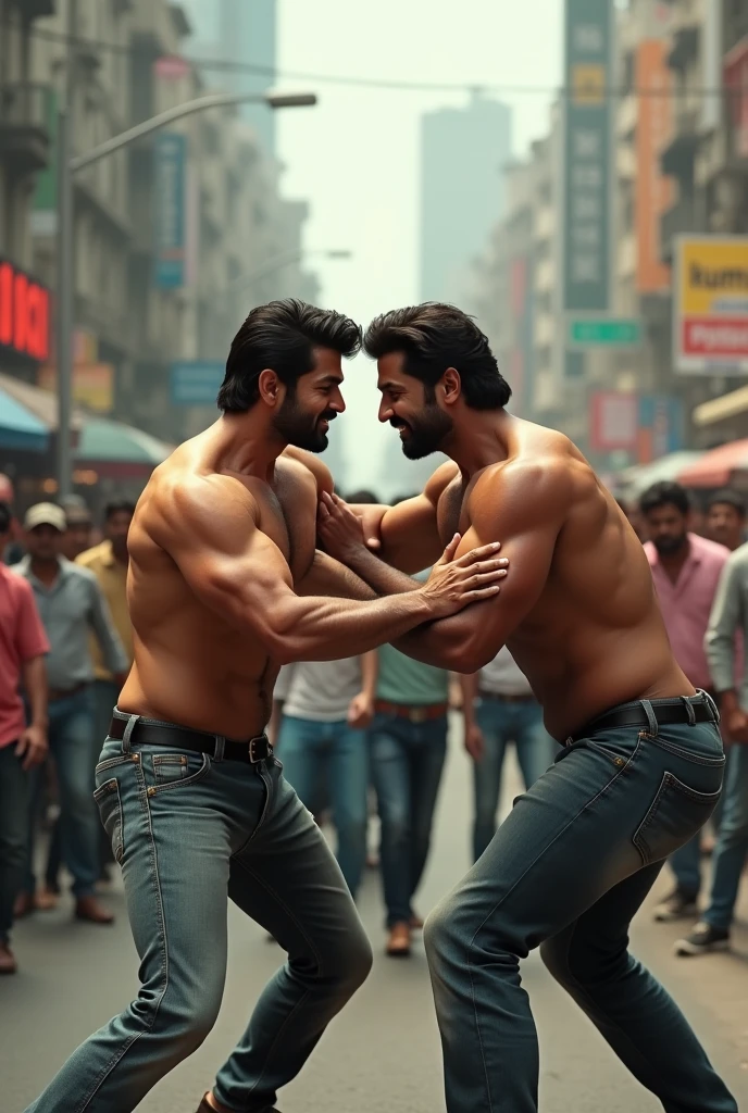 Generate a 3D model where two high muscular men are fighting with each other on road.Road is surrounded with more number of people.Both men are indians.one man is well known actor Mahesh Babu another man is well known actor Pawan kalyan.Make their faces should be clear to observers.