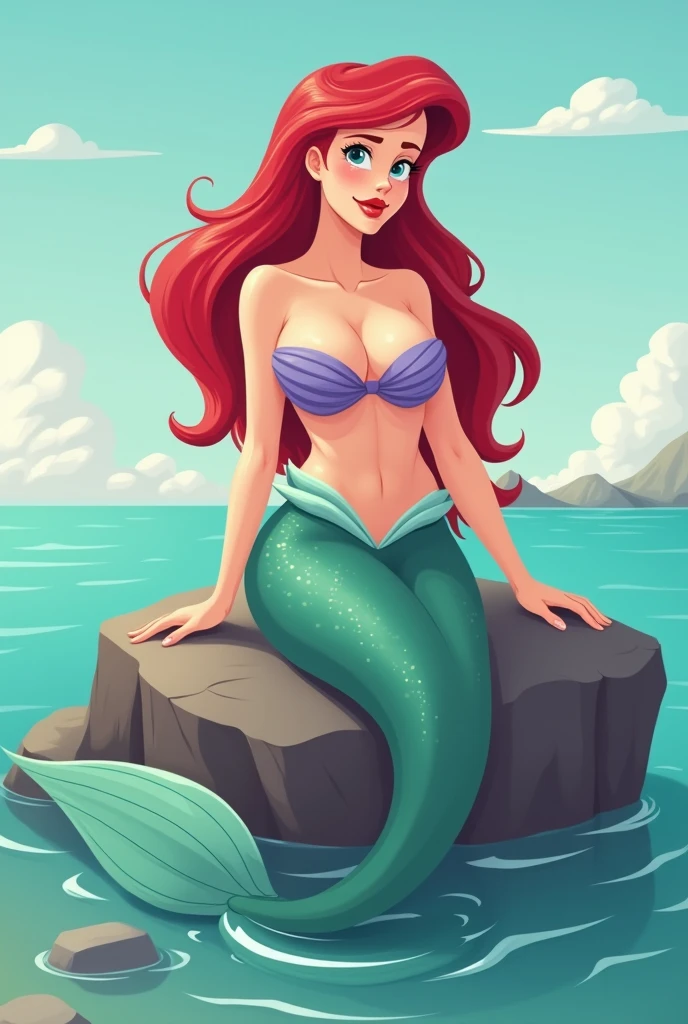 Flat vector ofariel the little mermaid as a grown woman. perfect body, perfect breast. she is offering herself as a prostitute whilst laying on a rock in the sea