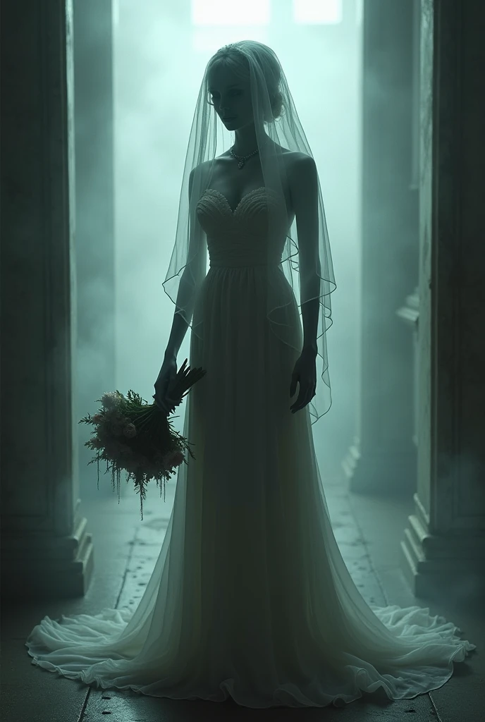 silhouette of a bride dressed in white, with a long veil with a wilted bouquet in her hands , cadaverous appearance with a slight haze and long shadows.
