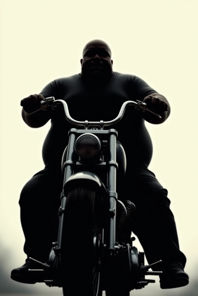 A fat man on a motorcycle but a silhouette in black