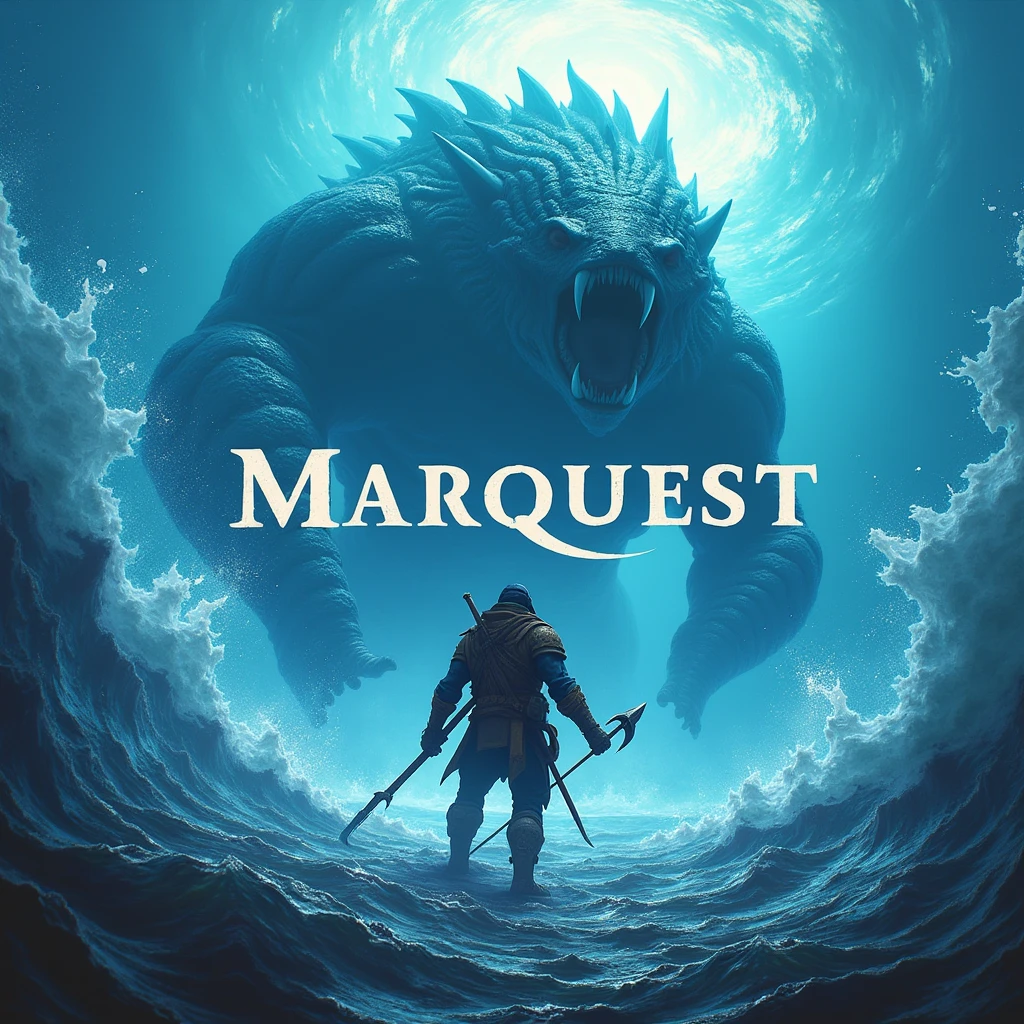 a PC AAA game icon for my game "MarQuest" a open world sea exploring game where you fight giant sea creatures. try to put the game name on it.