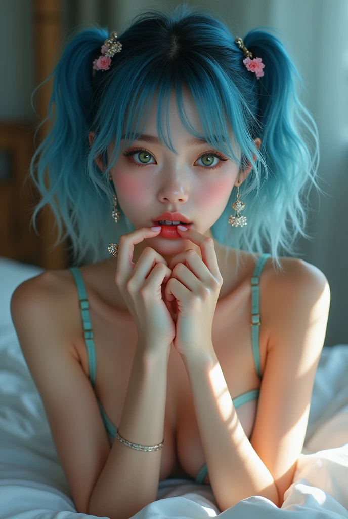 cute, asian girl, blue hair, beautiful, transparent lingerie, short hair, ponytails hair, cute earrings, rape necklace, glittering skin, indoor background, hands pose, smile, laying in the bed, green eyecolor, biting lips