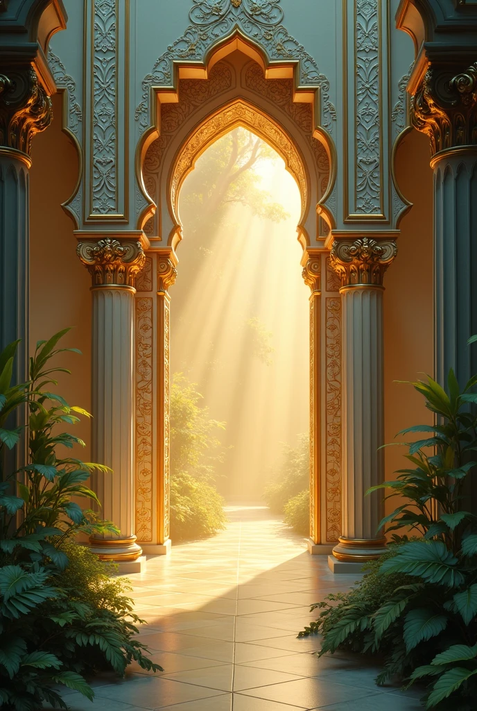 A close-up shot of the beautiful chambers in paradise, detailed with intricate designs and surrounded by lush gardens. The soft light represents divine presence, and the air is filled with tranquility. This is a visual representation of the reward for those who have faith and do good deeds.Mood: Bliss and divine reward.