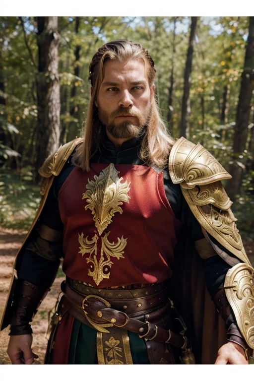 Portrait photo of a blond Nord man dressed in intricate fantastic armor, standing against the background of a forest thicket. The armor is made in a combination of forest green, gold and fiery red colors, decorated with intricate patterns and a convex round emblem on the chest. The central round gold element on the breastplate is surrounded by hexagonal inserts with gold trim. The upper part of the body armor includes shoulder pads with gold trim around the edges, metallic red and gold inserts and artfully engraved. The man's face has a serious, tense expression, piercing blue eyes and a well-groomed beard and mustache. He has blond hair, styled in a hairstyle. A bright red cape with a gold border flutters behind him. A forest thicket is depicted in the background. In his right hand he holds a golden sword with a platinum metal blade, clutching its ornate gold hilt. The spectacular and bright lighting from the campfire highlights the metallic textures and intricate details of the armor, while at the same time casting shadows that add depth to the scene. The composition is located in the center, emphasizing the power and regal bearing of the subject.