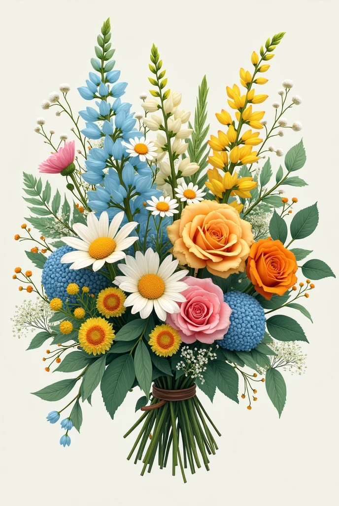 A flower bouquet with green, light blue, light pink, yellow and orange colors.