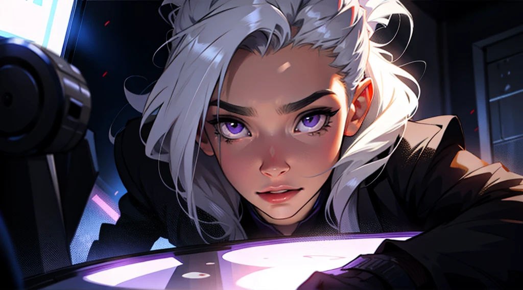 close-up, a single woman with silver hair and purple eyes in a dark underground city