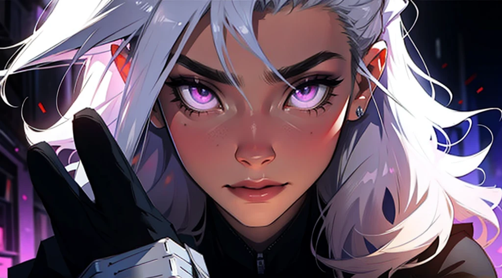 close-up, a single woman with silver hair and purple eyes in a dark underground city