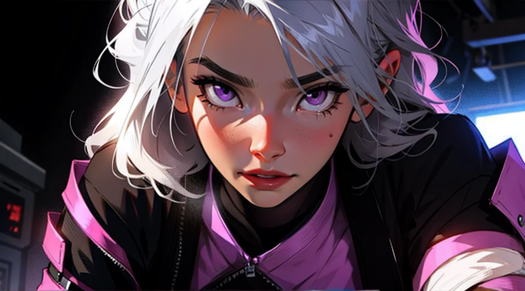 close-up, a single woman with silver hair and purple eyes in a dark underground city