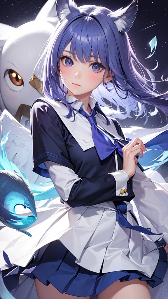 Create an image of a humanoid creature with the head of a pigeon and human body. The head should have a cute pigeon face with bright, sparkling eyes and a small curved beak. The eyes should be especially large and shimmering, giving an anime-like appearance, and the cheeks should be blushing to enhance the character's charm. The pigeon feathers should display a gradient of blue and purple hues, adding a soft and iridescent glow. The creature should be wearing a sailor uniform, similar to a traditional Japanese schoolgirl outfit, with a pleated skirt and a necktie. The setting can be light and cheerful to match the character’s unique and playful nature. Use a bright color palette to highlight the contrast the cute pigeon face