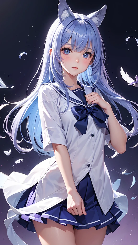 Create an image of a humanoid creature with the head of a pigeon and human body. The head should have a cute pigeon face with bright, sparkling eyes and a small curved beak. The eyes should be especially large and shimmering, giving an anime-like appearance, and the cheeks should be blushing to enhance the character's charm. The pigeon feathers should display a gradient of blue and purple hues, adding a soft and iridescent glow. The creature should be wearing a sailor uniform, similar to a traditional Japanese schoolgirl outfit, with a pleated skirt and a necktie. The setting can be light and cheerful to match the character’s unique and playful nature. Use a bright color palette to highlight the contrast the cute pigeon face