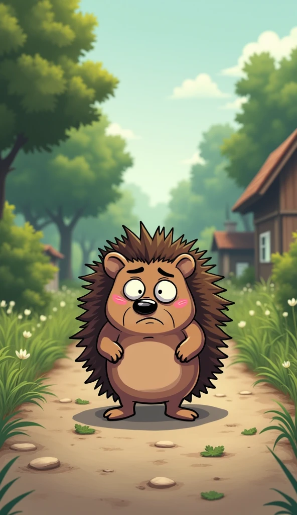 A cartoon hedgehog is walking down a gravel road, he's sad, he's in pain