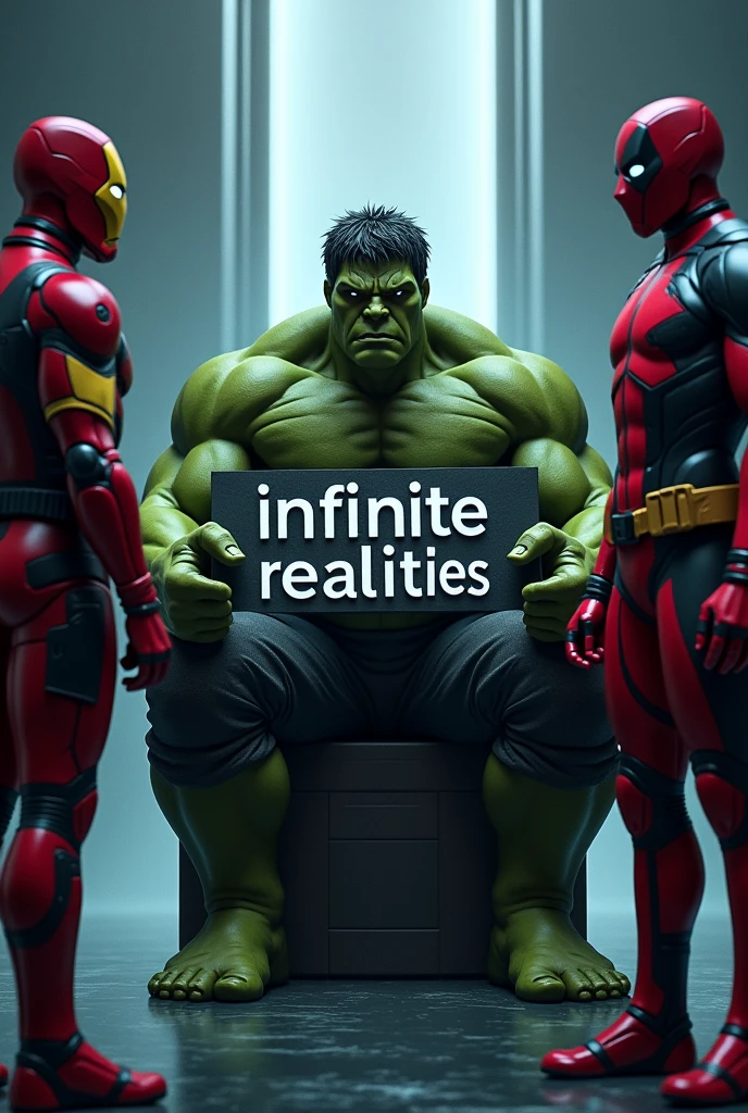 Image of words "infinite Realities" with cool asthetic background in gaming theme with ironman on one side and deadpool on other side and hulk is holding words ifinite realites and sitting in centre and make the colour text black with shadows