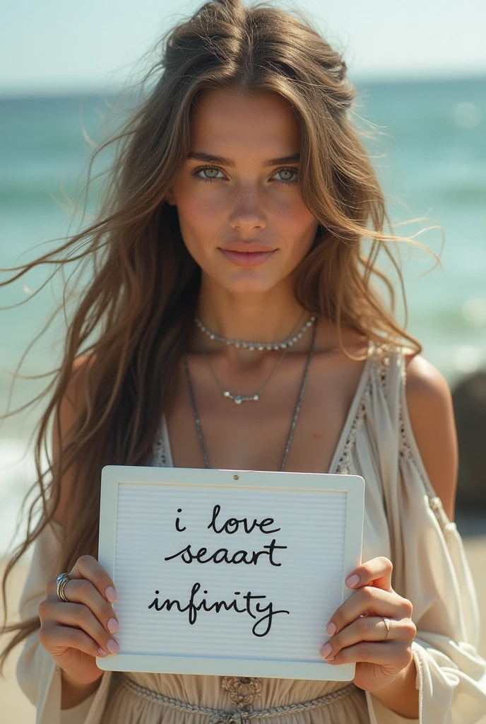 Beautiful girl with wavy long hair, bohemian dress, holding a white board with text "I Love Seaart Infinity" and showing it to the viewer