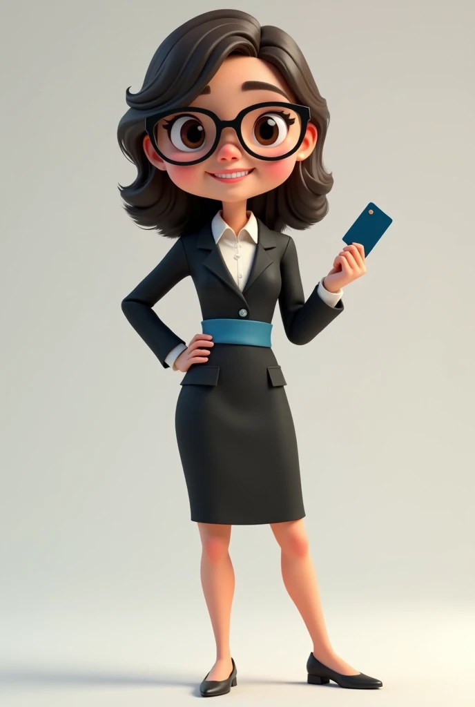 A full body 3D cartoon character. She has a friendly and charismatic appearance. The character is a young woman with fair skin, loose dark brown hair, thick eyebrows, large brown eyes and wears glasses. She is smiling confidently. The character is dressed formally, wearing a black dress with a blue sash at the waist. She is holding a credit card in her hand. Your posture and relaxed posture suggest confidence and ease. The background of the image is neutral, which highlights the character even more.