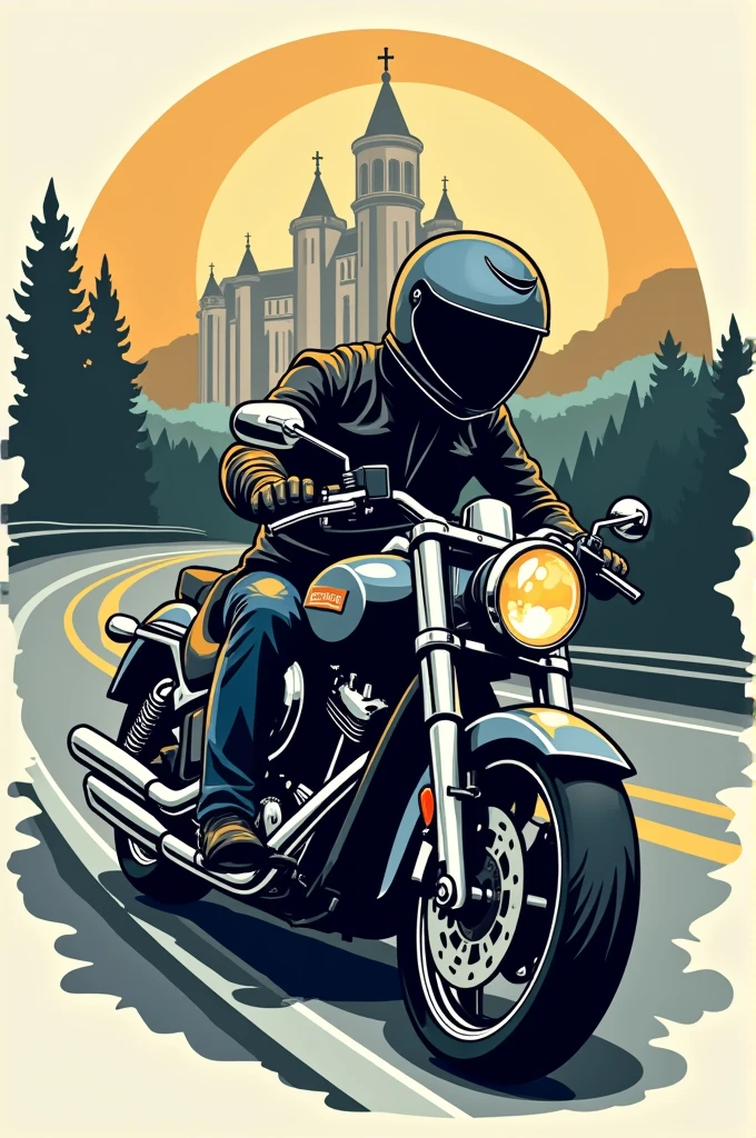 Create logo for the Catholic pilgrimage motorcycle group, with motorcycle, helmet, Roadside, Basilica and Our Lady of the Immaculate Conception of Aparecida Brazil