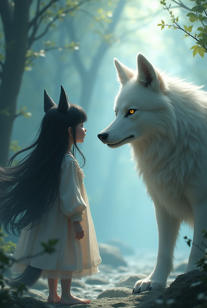 ookami mio, a fair-skinned wolf girl with black hair and pale skin and golden eyes, is surprised to see Gray Wolf, who is also pale skinned and is a wolf