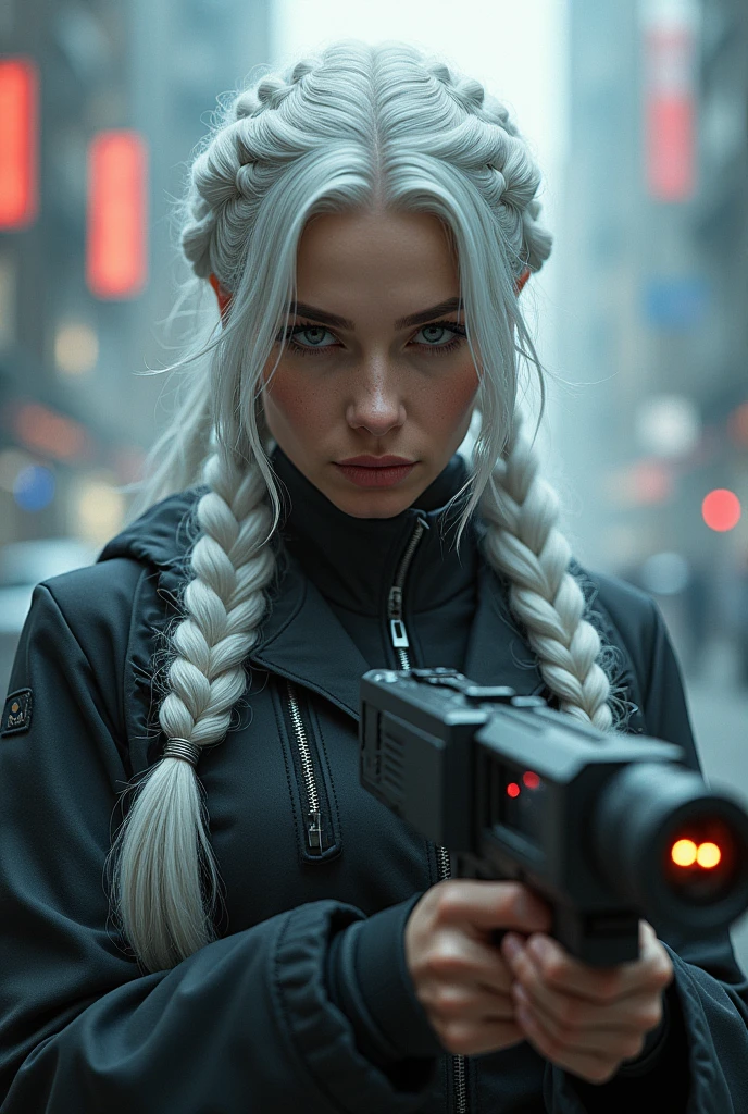 A white-haired woman, in a cyberpunk world. Carrying a weapon with colored lines indicating empty or loaded.
The hair being two equal braids.
with a typical cyberpunk costume