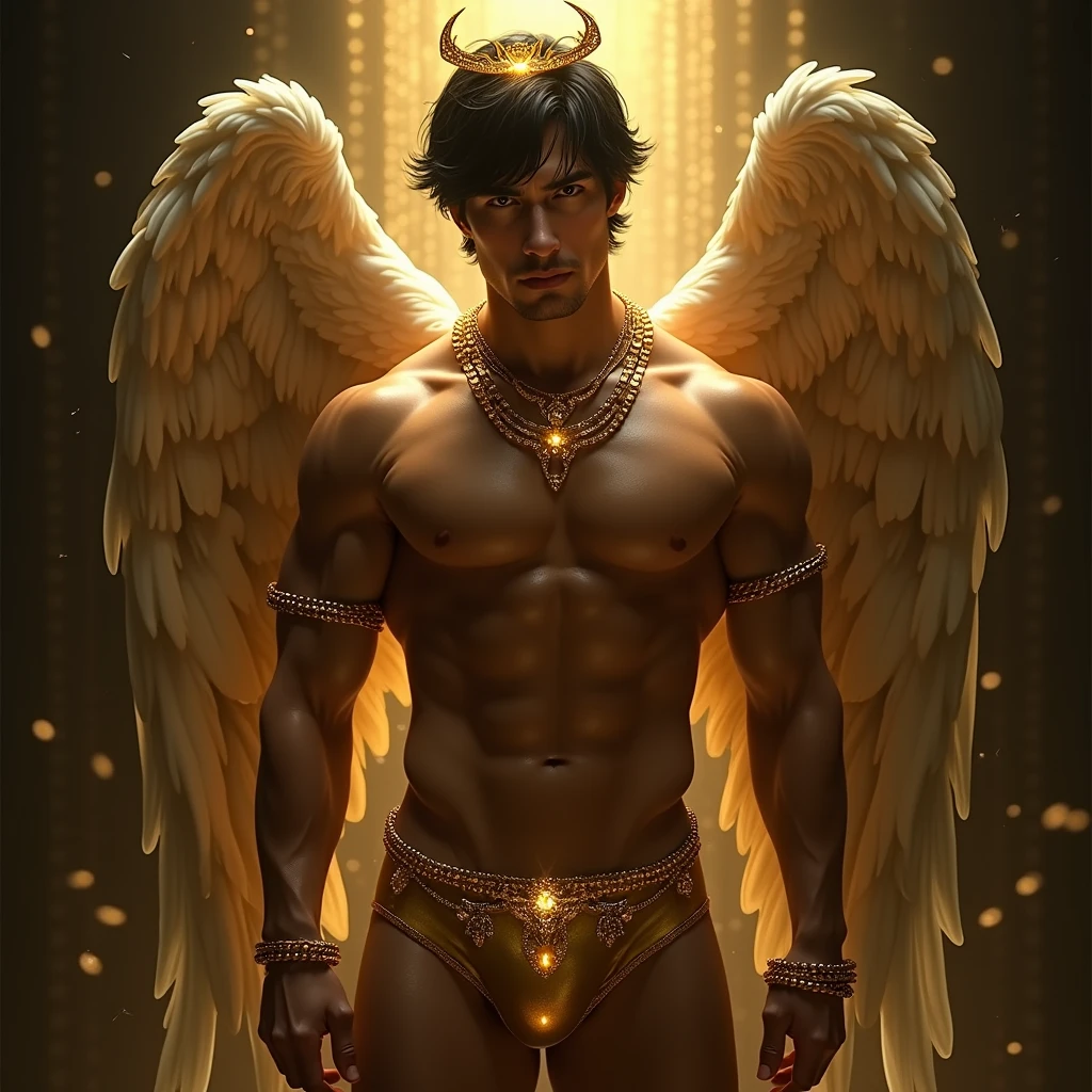 A muscular handsome man is imprisoned in a darkest place, extremely muscular body, perfect body, large chest, largest pectorals, big nipples, well-defined abs, shiny smooth skin, Sexy gaze, (looking at the viewers romantically), sexy posture, above his head is a golden halo ring, he is bathed in golden sacred light coming from above, (a gold crown on his head, his body is shackled with gold chains, gold finger rings, hands and neck are shackled with golden chains at back, two angelic golden wings on his back, golden shiny tattoos on his chest and hands), (A Voluptuous golden brief with a band of gold with sparkling gemstones, (bulge: 1.2)). He has short black hair. This scene looks like something out of the realm of fantasy or legend seen from above, (full body view), full view, whole scene, view from afar,