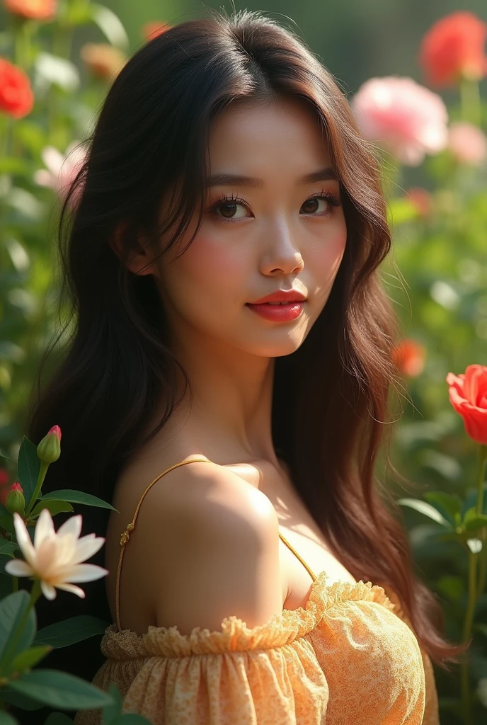 a beautiful girl in a colorful garden, long flowing hair, elegant dress, serene expression, soft natural lighting, lush greenery, vibrant flowers, (best quality,4k,8k,highres,masterpiece:1.2),ultra-detailed,(realistic,photorealistic,photo-realistic:1.37),detailed face and eyes,beautiful detailed lips,extremely detailed eyes and face,longeyela shes,vibrant colors,cinematic lighting,intricate details,photorealistic,cinematic composition,warm tones