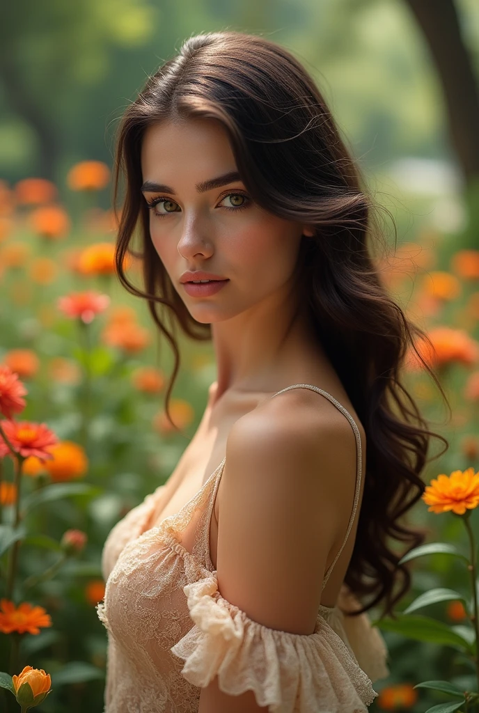 a beautiful girl in a colorful garden, long flowing hair, elegant dress, serene expression, soft natural lighting, lush greenery, vibrant flowers, (best quality,4k,8k,highres,masterpiece:1.2),ultra-detailed,(realistic,photorealistic,photo-realistic:1.37),detailed face and eyes,beautiful detailed lips,extremely detailed eyes and face,longeyela shes,vibrant colors,cinematic lighting,intricate details,photorealistic,cinematic composition,warm tones