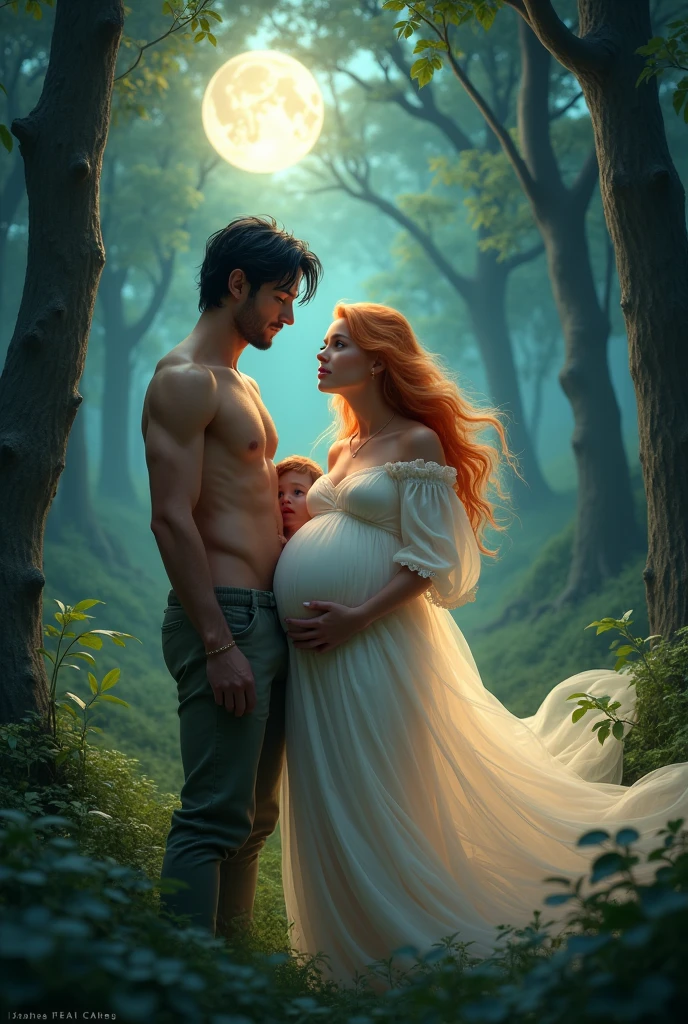 Extremely handsome man with defined body, greeneyes, wavy black hair, tanned skin with her in the forest looking at her pregnant partner, a woman illuminated by the light of the moon goddess, strawberry blonde hair, amber eyes, holding one on her lap wearing a white dress