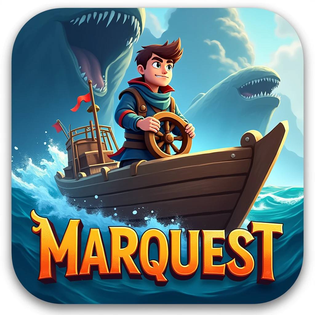 a PC game icon for my game "MarQuest" a open world sea exploring game where you fight giant sea creatures. try to put the game name on it.
