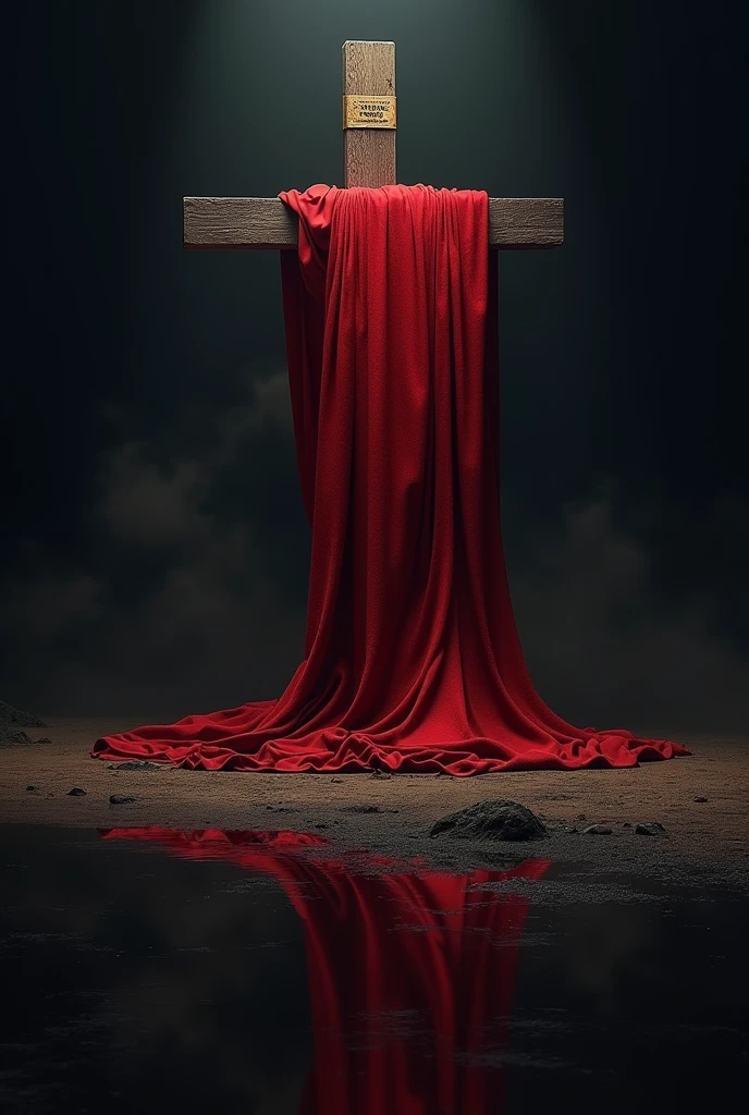 Cross with a red cloth, on Calvary in the darkness with a reflection of the cross on the clear ground