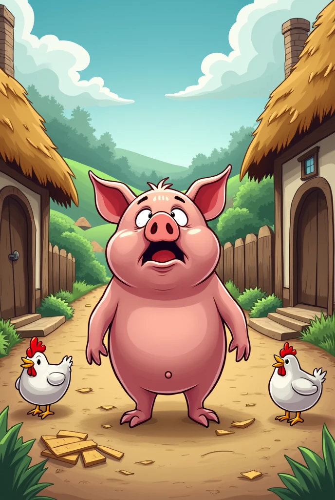 A cartoon pig in a village is starving.