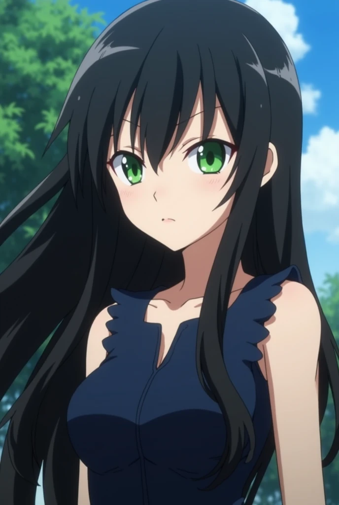 boku no hero screenshot, Girl, long black fur, green eyes,Almond eyes, Navy blue dress 