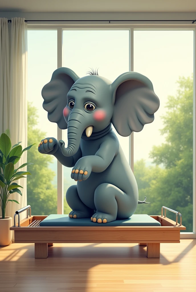 Drawing of an elephant and a pilates studio, doing exercises on a machine
