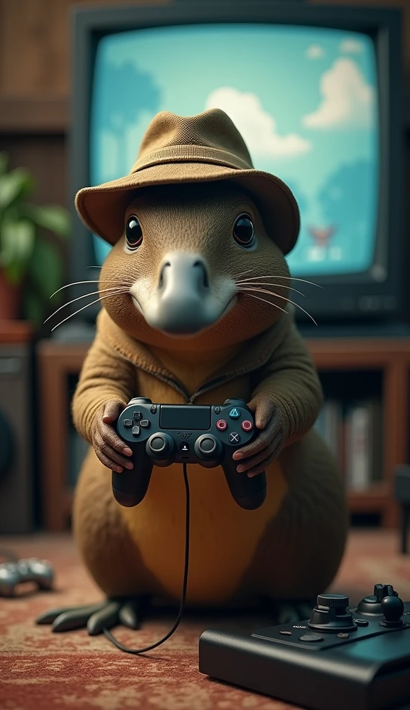 A platypus wearing a detective hat and playing video games