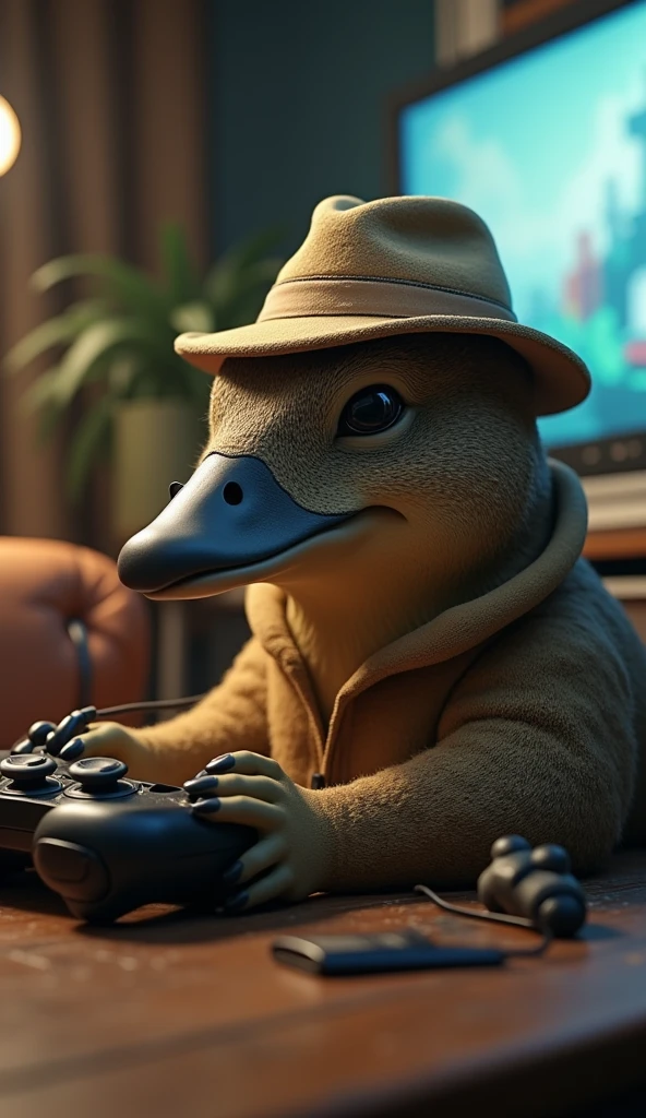 A platypus wearing a detective hat and playing video games