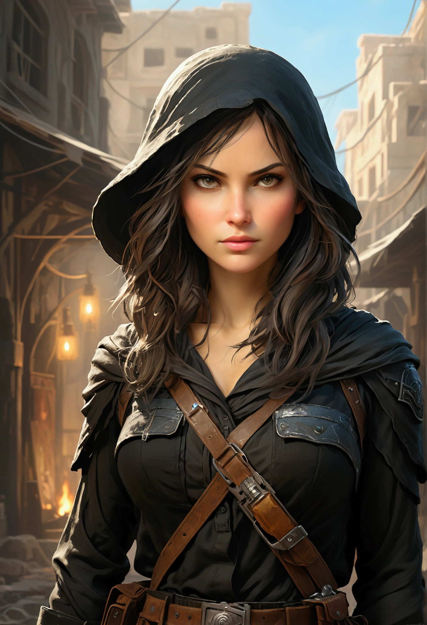 create a beautiful detailed image of a powerful and confident female division character holding a gun. she should exude strength and determination. Early 30's, Hair Long, Dark and flowing styled elegantly but practical. in a form fitting tactical outfit