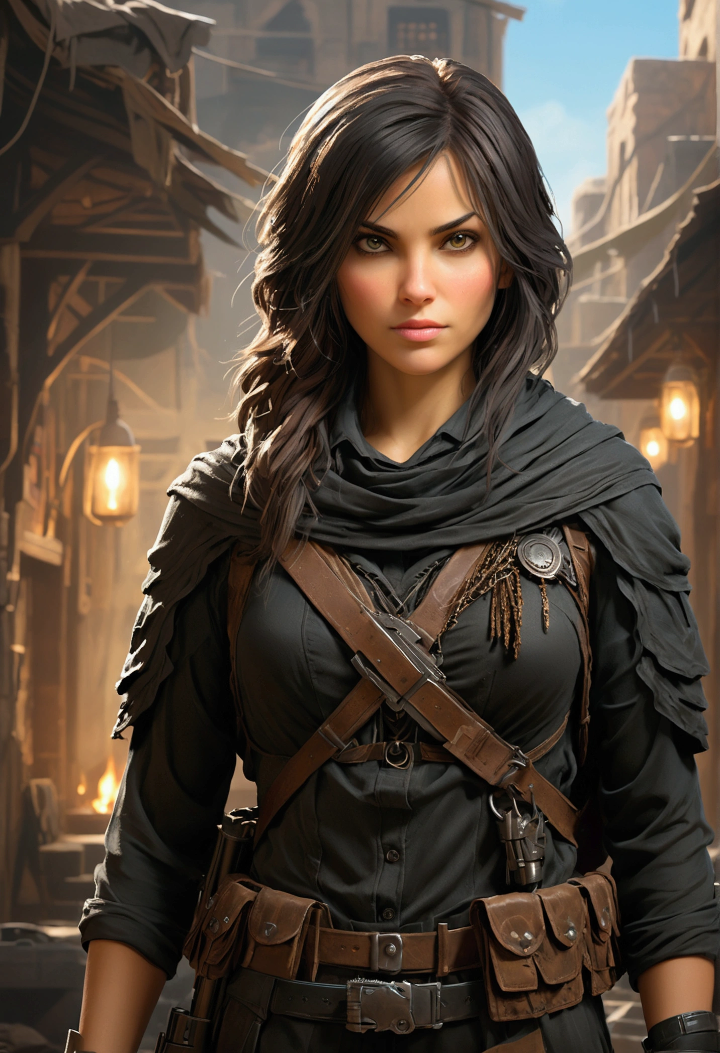 create a beautiful detailed image of a powerful and confident female division character holding a gun. she should exude strength and determination. Early 30's, Hair Long, Dark and flowing styled elegantly but practical. in a form fitting tactical outfit