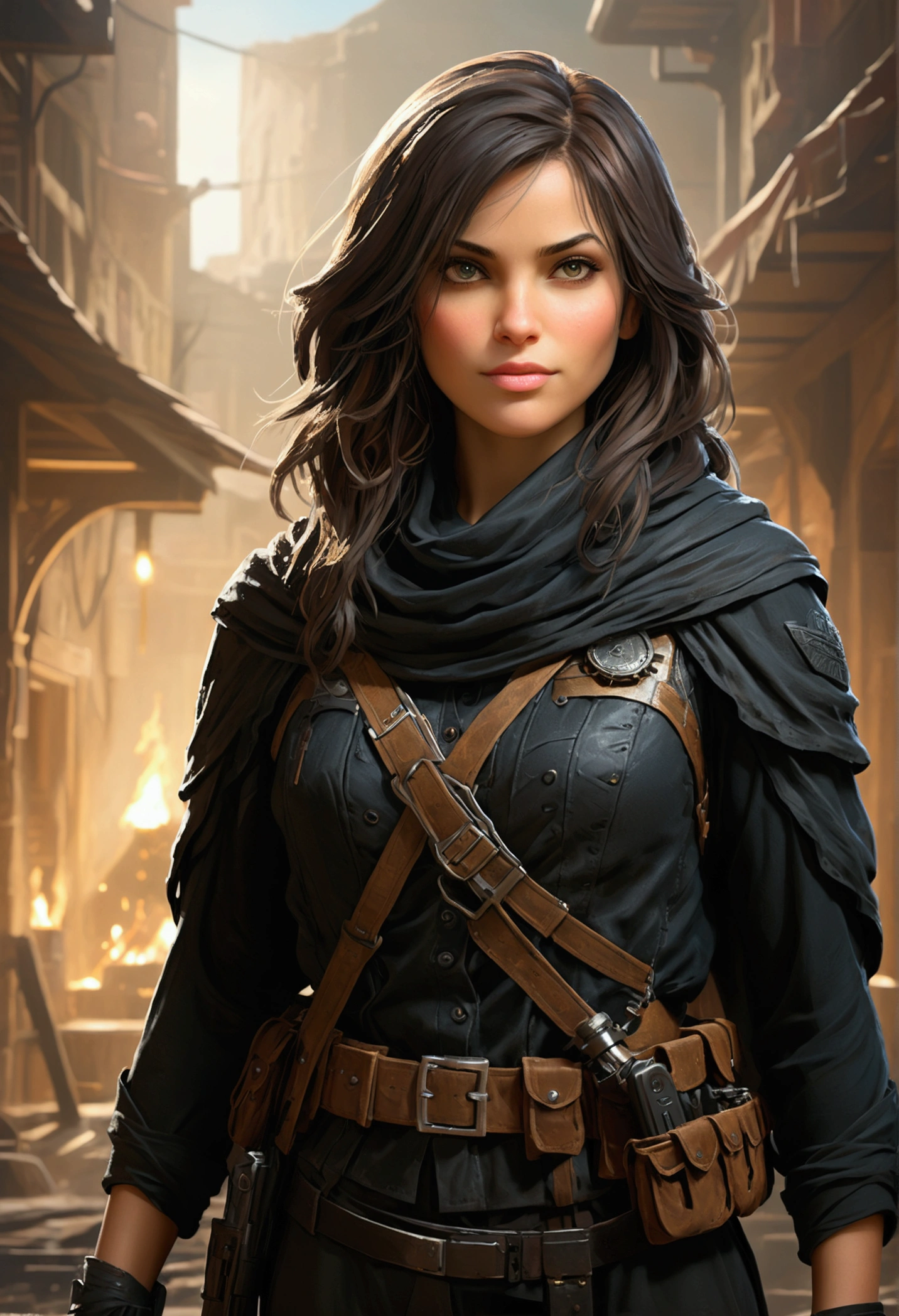create a beautiful detailed image of a powerful and confident female division character holding a gun. she should exude strength and determination. Early 30's, Hair Long, Dark and flowing styled elegantly but practical. in a form fitting tactical outfit