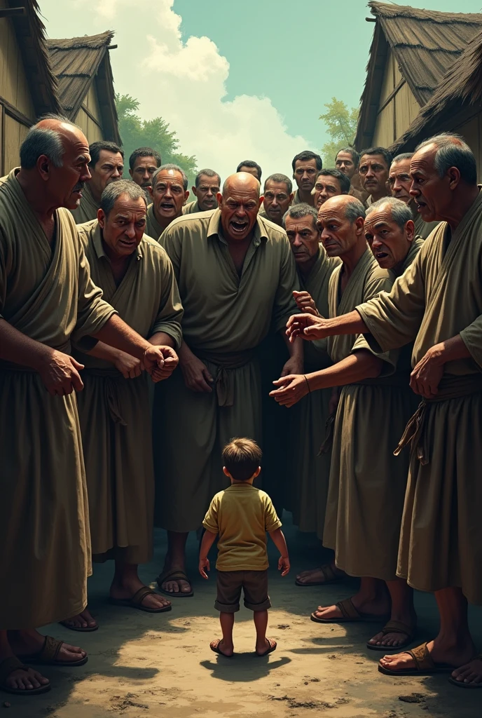 All the people of the village punishing the small boy 
