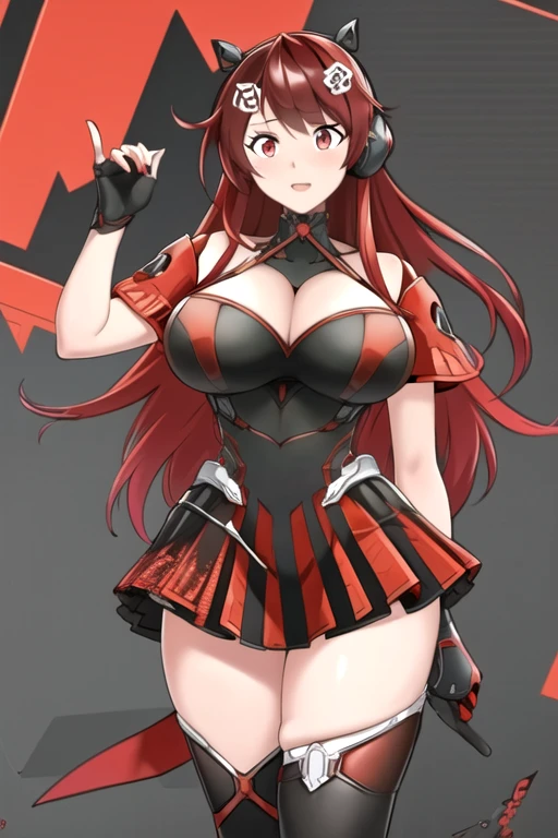 masterpiece, best quality, illustration, ultradetailed,
1girl, black and red hair, red eyes, long hair, , fat breasts, laghs, fat thighs, black and red thighhighs, cleavage, black anadphones, 1hair ornament, embarrassed,
bedroom, bed,