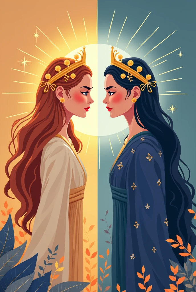 Flat vector of 2 godsesses who are sisters. One is goddess of the day and is on the left side of the image. The other is goddess of the night and is on the right side of the image