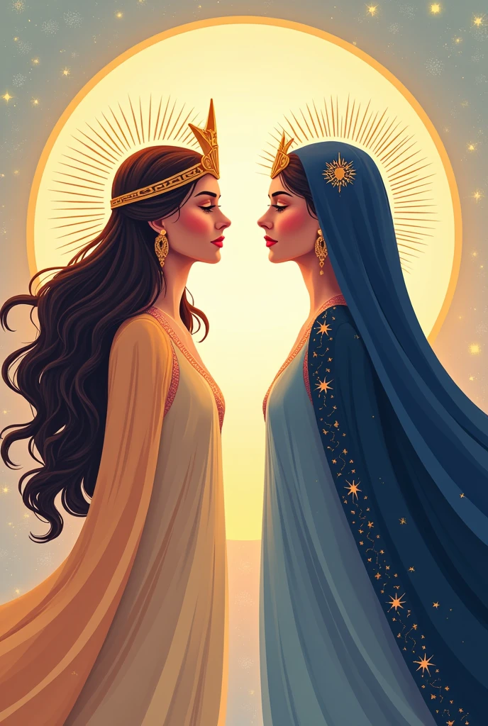 Flat vector of 2 godsesses who are sisters. One is goddess of the day and is on the left side of the image. The other is goddess of the night and is on the right side of the image